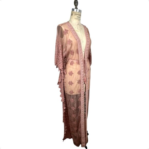 Venus Women Long Kimono Coverup Robe L Pink Boho Festival Lace Sheer Hippie Rose - Picture 1 of 13